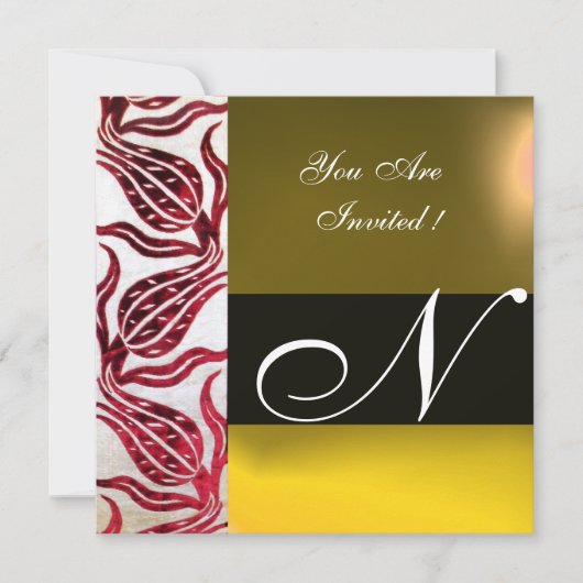 RED VELVET DAMASK TULIPS MONOGRAM Burgundy Yellow Kaart (Voorkant)