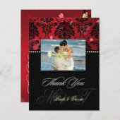 Red Velvet + Hearts Damask Trouwfoto Dank u Briefkaart (Voorkant / Achterkant)