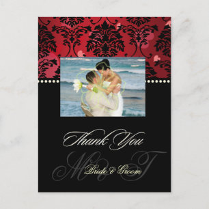 Red Velvet + Hearts Damask Wedding Foto Hartelijk  Briefkaart