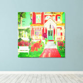 Red Victorian House Lush Yard Canvas Afdruk (Insitu (Houten vloer))