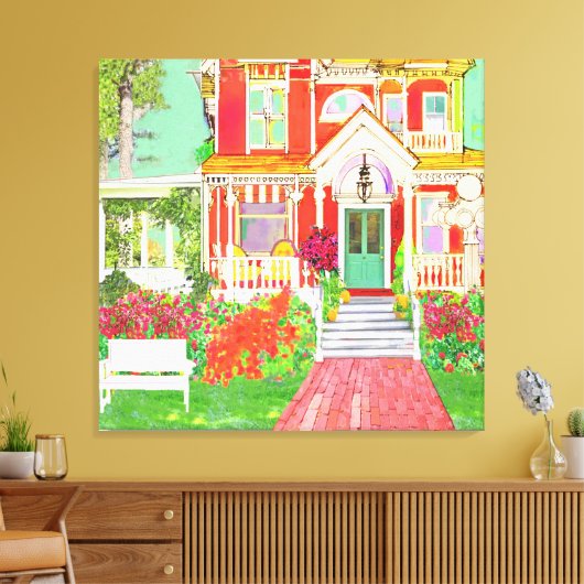 Red Victorian House Lush Yard Canvas Afdruk (Insitu (Woonkamer))