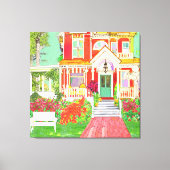 Red Victorian House Lush Yard Canvas Afdruk (Voorkant)