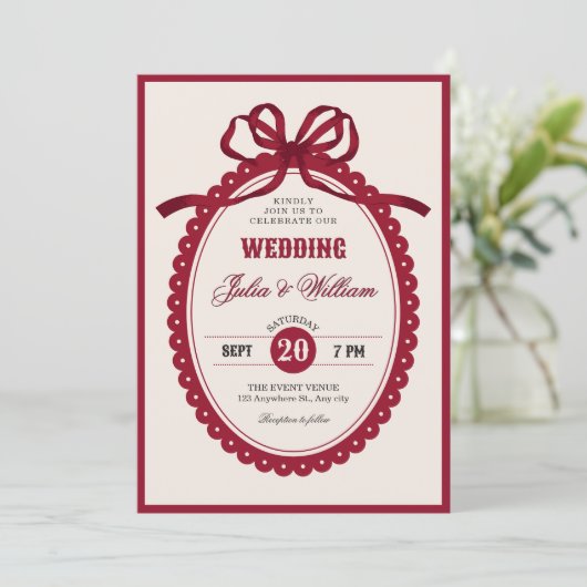 Red vintage bow wedding kaart (Staand voorkant)