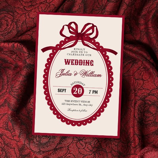 Red vintage bow wedding kaart