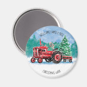 Red Vintage Tractor Christmas Tree Voeg naam toe Magneet (Voorkant / Achterkant)