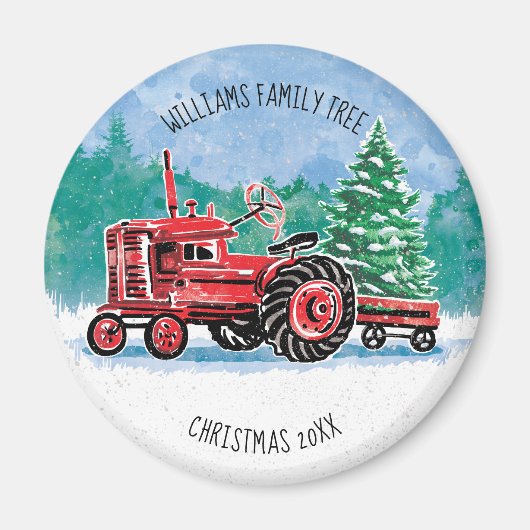Red Vintage Tractor Christmas Tree Voeg naam toe Magneet (Voorkant)