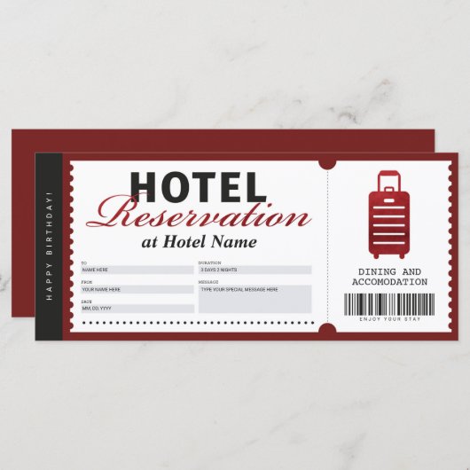 Red Voucher Certificate voor verblijf in hotel (Voorkant / Achterkant)
