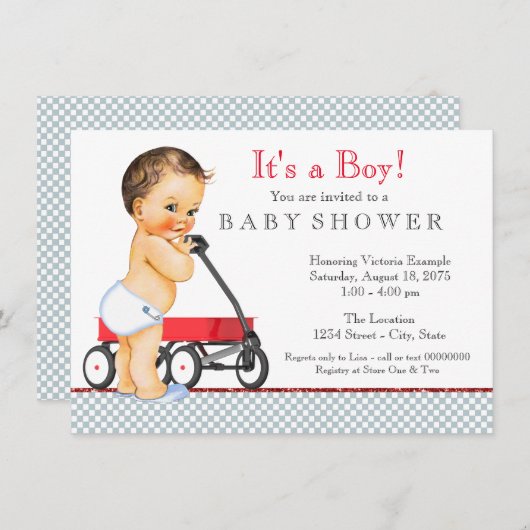 Red Wagon-Baby shower Kaart (Voorkant / Achterkant)