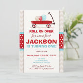 Red Wagon Birthday Invitation Litte Red Wagon Blue Kaart (Staand voorkant)