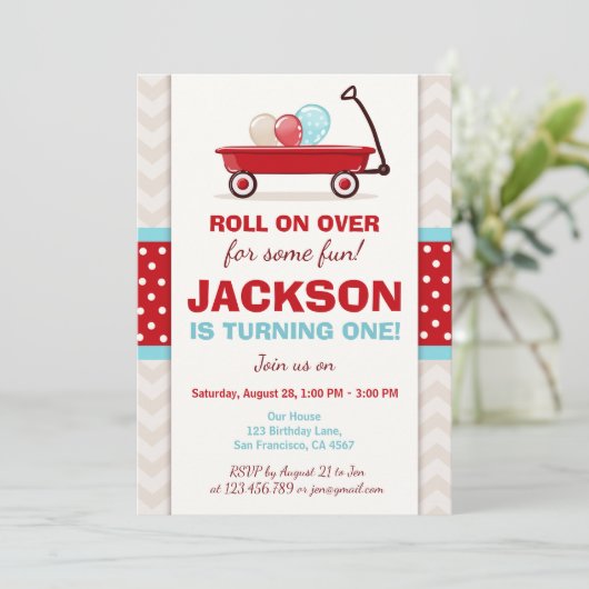 Red Wagon Birthday Invitation Litte Red Wagon Blue Kaart (Staand voorkant)