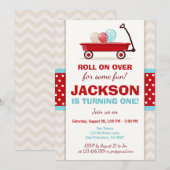 Red Wagon Birthday Invitation Litte Red Wagon Blue Kaart (Voorkant / Achterkant)