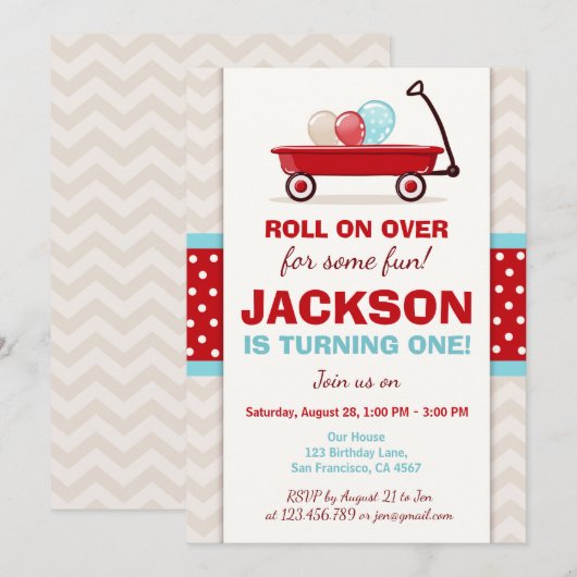 Red Wagon Birthday Invitation Litte Red Wagon Blue Kaart (Voorkant / Achterkant)