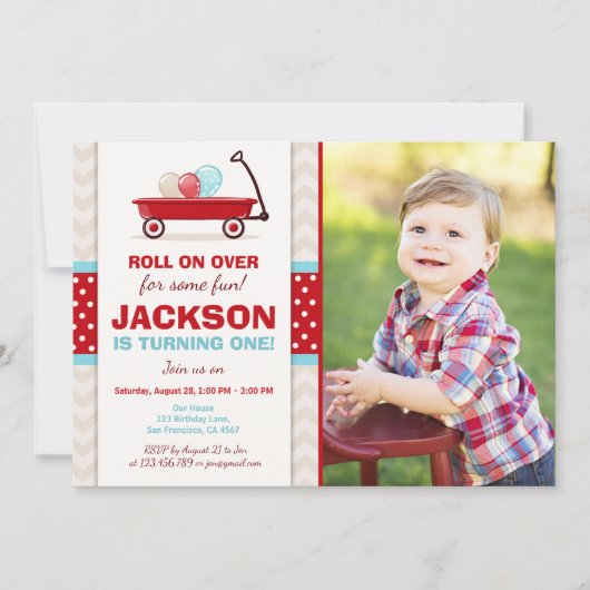 Red Wagon Birthday Invitation Litte Red Wagon Blue Kaart (Voorkant)