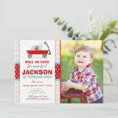 Red Wagon Birthday Invitation Litte Red Wagon Blue Kaart (Staand voorkant)