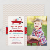 Red Wagon Birthday Invitation Litte Red Wagon Blue Kaart (Voorkant / Achterkant)