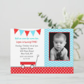 Red Wagon Foto van Birthday Party Kaart (Staand voorkant)