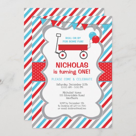 Red Wagon Verjaardag Uitnodiging, Jongen Verjaarda Kaart (Voorkant / Achterkant)