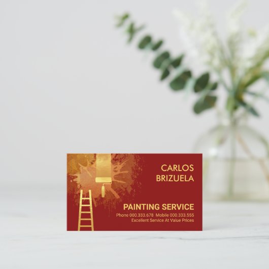 Red Wall Gold Paint Splatter Painting Visitekaartje (Staand voorkant)