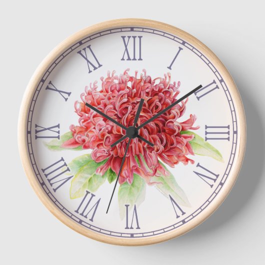 Red waratah watercolor floral wall clock (Voorkant)