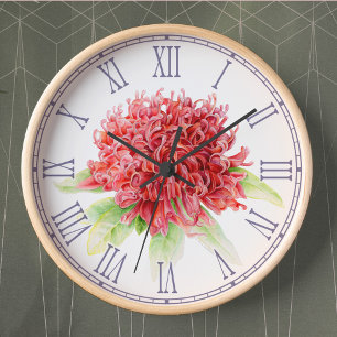Red waratah watercolor floral wall clock ronde klok