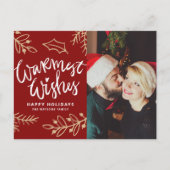 Red Warmest Wishes Calligraphy Holiday Foto Feestdagenkaart (Voorkant)