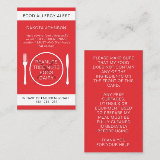 Red Warning Food Allergy Alert Chef Kaart Contactkaartje (Voorkant / Achterkant)