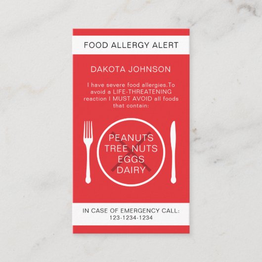 Red Warning Food Allergy Alert Chef Kaart Contactkaartje (Voorkant)
