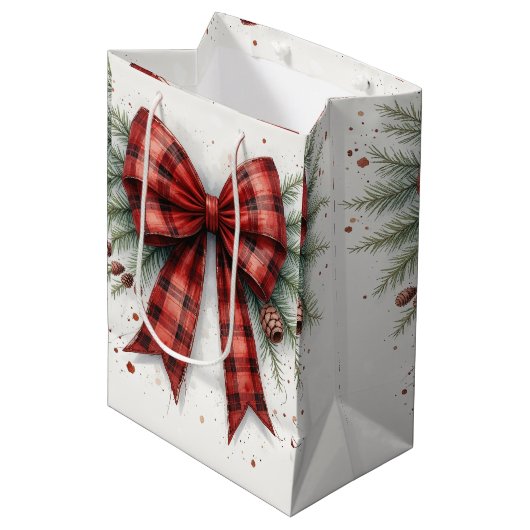 Red Watercolor Christmas Bow Gift Bag Medium Cadeauzakje (Voorkant Gekanteld)