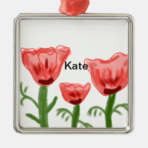 Red watercolor floral watercolor add name text thr metalen ornament