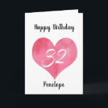 Red Watercolor Heart 32nd Birthday Card Kaart<br><div class="desc">A personalized watercolor heart 32ndt birthday card for her. You will be able to easily personalize the front with her name. De inside card message and back of the card can also be personalize. This personalized 32nd birthday card would make a great card keepsake for daughter,  granddaughter,  sister,  enz.</div>