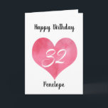 Red Watercolor Heart 32nd Birthday Card Kaart<br><div class="desc">A personalized watercolor heart 32ndt birthday card for her. You will be able to easily personalize the front with her name. De inside card message and back of the card can also be personalize. This personalized 32nd birthday card would make a great card keepsake for daughter,  granddaughter,  sister,  enz.</div>