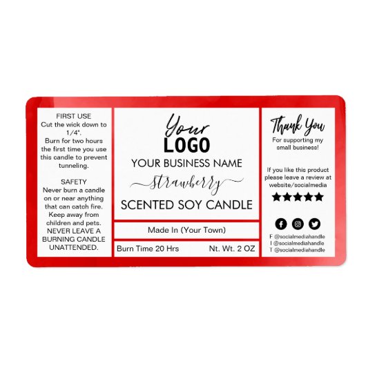 Red Watercolor Strawberry Scented Soy Candle Etiket (Voorkant)