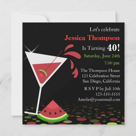 Red Watermelon Martini Birthday Party Invitation Kaart (Voorkant)