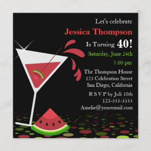 Red Watermelon Martini Birthday Party Invitation Kaart