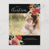 Red Waterverf Floral Merry kerstfoto Briefkaart (Voorkant)