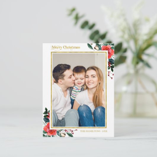 Red Waterverf Floral Merry kerstfoto Briefkaart (Staand voorkant)