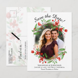 Red Waterverf Floral Wedding Save the Date Photo Uitnodiging Briefkaart