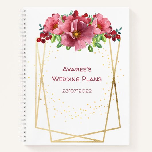 Red Waterverf Flowers Gold Geometric Lijst Notitieboek (Voorkant)