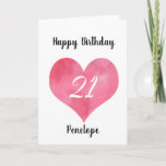 Red Waterverf Heart 21st Birthday Kaart<br><div class="desc">Een gepersonaliseerd hart van de waterverf 21ste verjaardagskaart voor dochter,  kleindochter,  goddochter,  enz. Je kunt het front gemakkelijk personaliseren met haar naam. Het binnenkaartbericht en de rug van de kaart kunnen ook personaliseren. Deze gepersonaliseerde 21e verjaardagskaart voor haar zou een unieke verjaardagscadeau maken.</div>