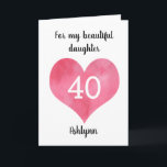 Red Waterverf Heart 40th Birthday Kaart<br><div class="desc">Een minimalistische 40ste verjaardagskaart met een hart van de waterverf dat u gemakkelijk kunt personaliseren met haar leeftijd en naam op de voorzijde van deze verjaardagskaart. U zult ook het binnenkaartbericht kunnen uitgeven indien gewenst. Deze gepersonaliseerde 40ste verjaardagskaart zou een prachtige kaart maken voor dochter, dochter in de wet, vrouw,...</div>