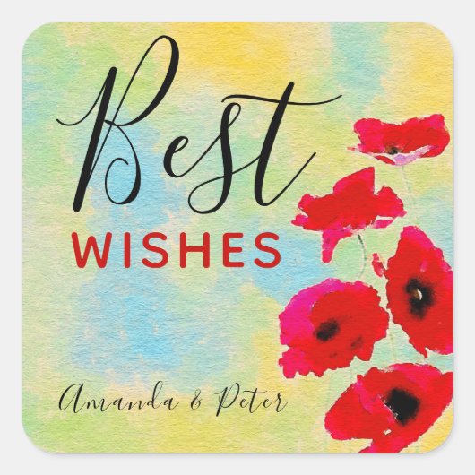 Red Waterverf Poppies Best Wish Vierkante Sticker (Voorkant)