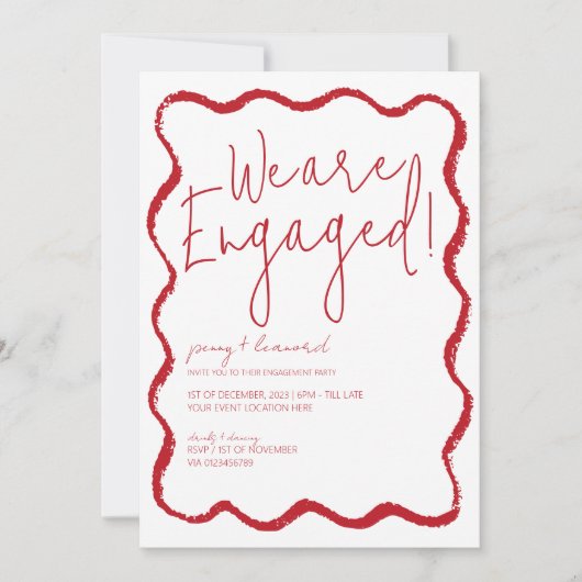 Red Wave Border Scallop Edge Engagement Party Kaart (Voorkant)