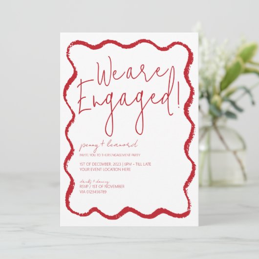 Red Wave Border Scallop Edge Engagement Party Kaart (Staand voorkant)