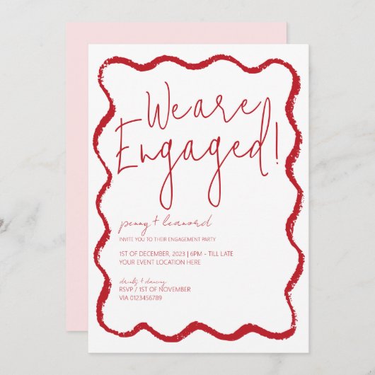 Red Wave Border Scallop Edge Engagement Party Kaart (Voorkant / Achterkant)