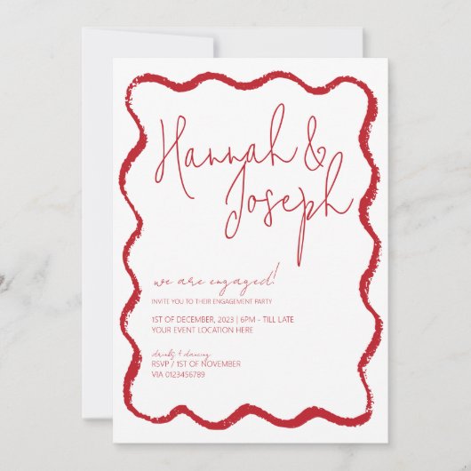 Red Wave Border Scallop Edge Engagement Party Kaart (Voorkant)