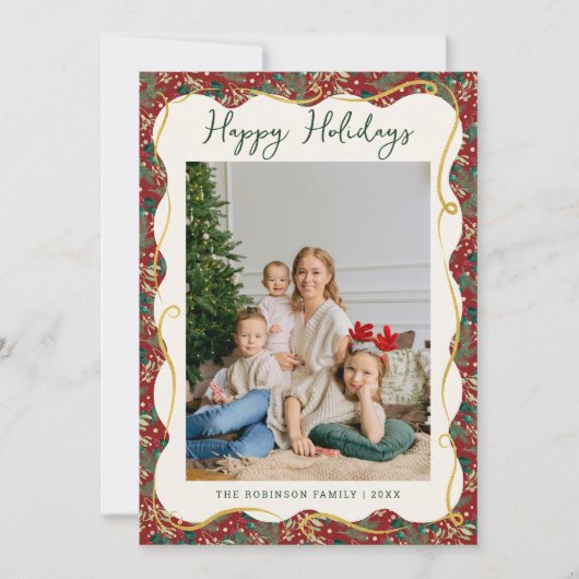 Red Wavy Lijst Prettige feestdagen Botanical Feestdagenkaart (Voorkant)