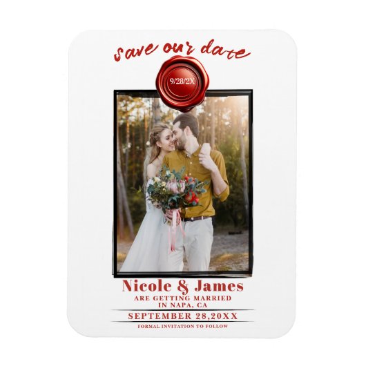 Red Wax Seal Foto Bruiloft Save the Date Magneet (Verticaal)