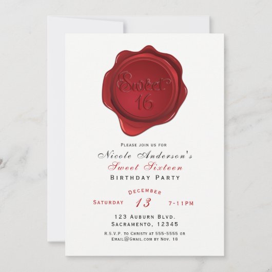 Red Wax Seal Sweet 16 Elegant Verjaardagsfeest Kaart (Voorkant)