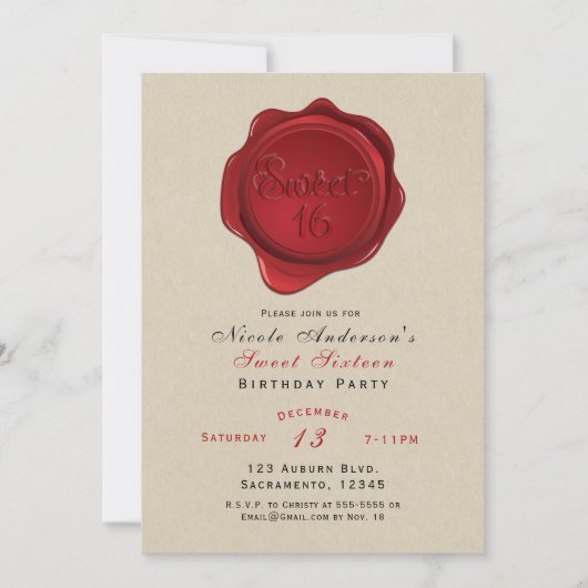 Red Wax Seal Sweet 16 Rustic Kraft Verjaardagsfees Kaart (Voorkant)