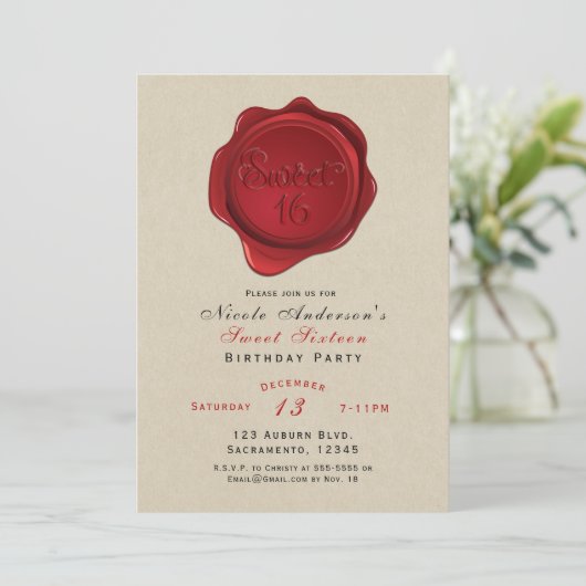 Red Wax Seal Sweet 16 Rustic Kraft Verjaardagsfees Kaart (Staand voorkant)